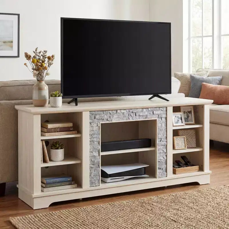 Meuble TV blanc de 58 po avec cadre en fausse pierre empilée et rangement ouvert