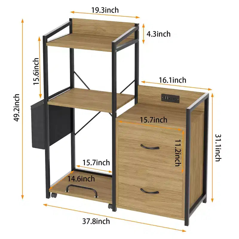 Meuble de classement mobile à 2 tiroirs avec multiprise intégrée, grand support d'imprimante pour bureau à domicile, convient aux documents de format lettre/A4, rangement utilitaire avec étagère ouverte
