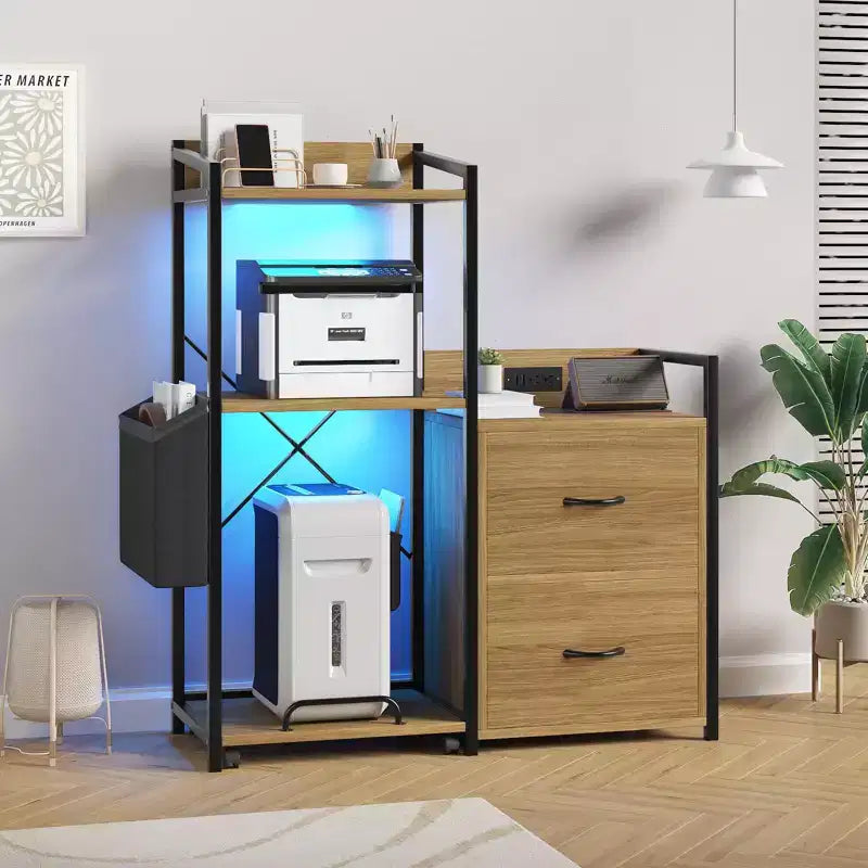 Meuble de classement mobile à 2 tiroirs avec multiprise intégrée, grand support d'imprimante pour bureau à domicile, convient aux documents de format lettre/A4, rangement utilitaire avec étagère ouverte