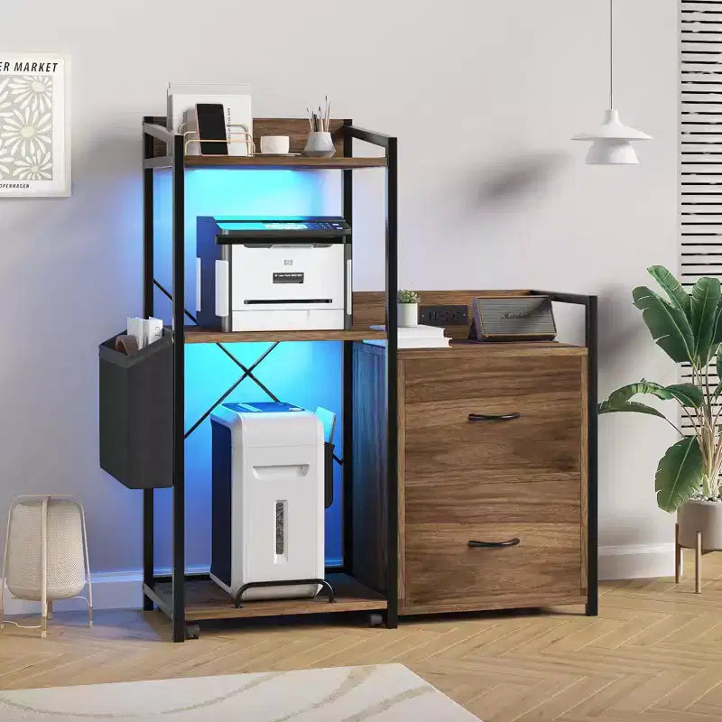 Meuble de classement mobile à 2 tiroirs avec multiprise intégrée, grand support d'imprimante pour bureau à domicile, convient aux documents de format lettre/A4, rangement utilitaire avec étagère ouverte