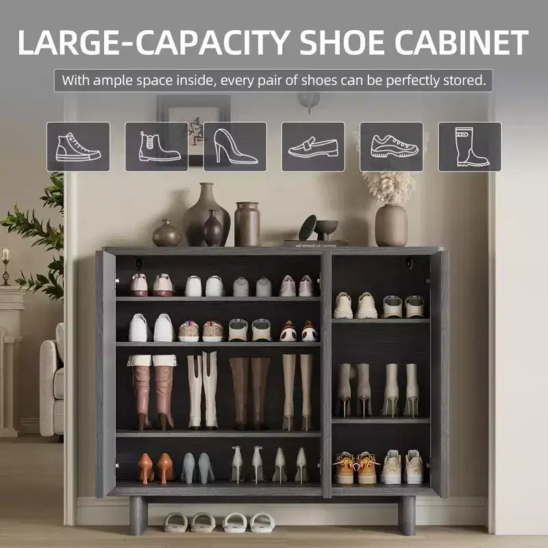 Meuble à chaussures rustique à 5 niveaux avec portes cannelées, banc de rangement autoportant en bois de 117 cm avec étagères réglables pour entrée et placard