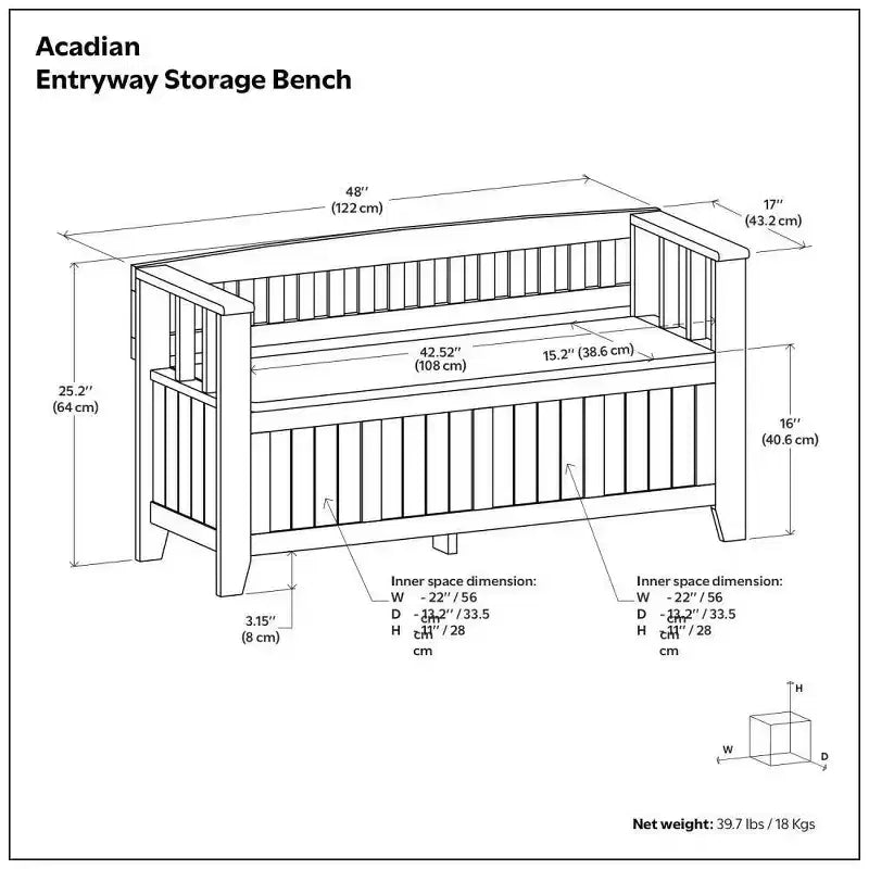 Banc de rangement d'entrée en bois massif de 48 po avec plateau relevable et 2 compartiments