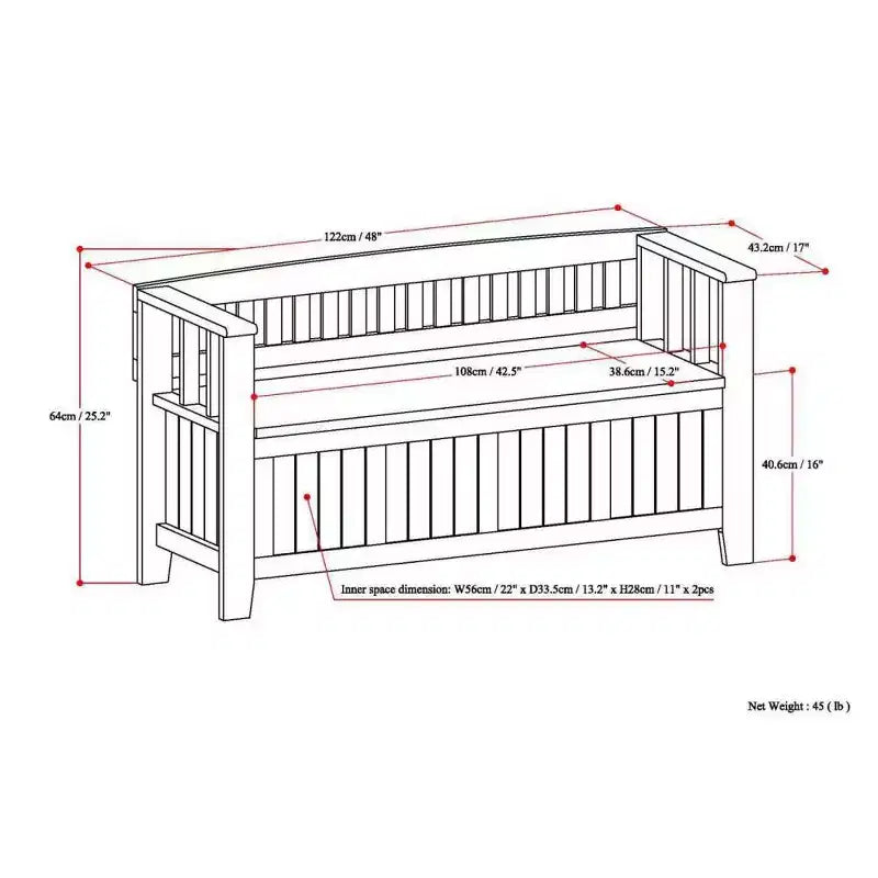 Banc de rangement d'entrée en bois massif de 48 po avec plateau relevable et 2 compartiments