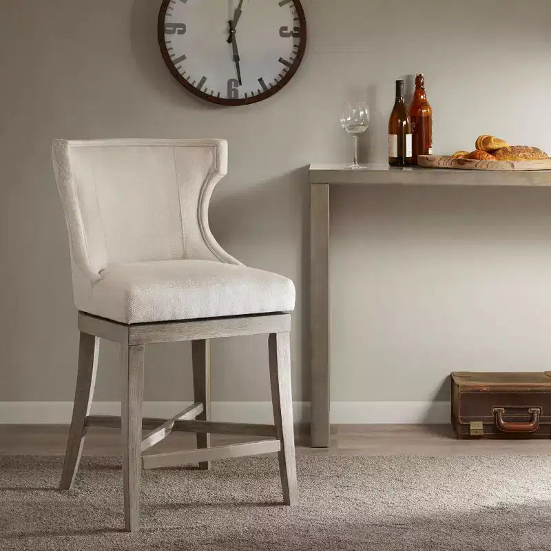 Tabouret de bar pivotant à hauteur de comptoir, assise rembourrée crème, cadre en bois d'hévéa, 136 kg