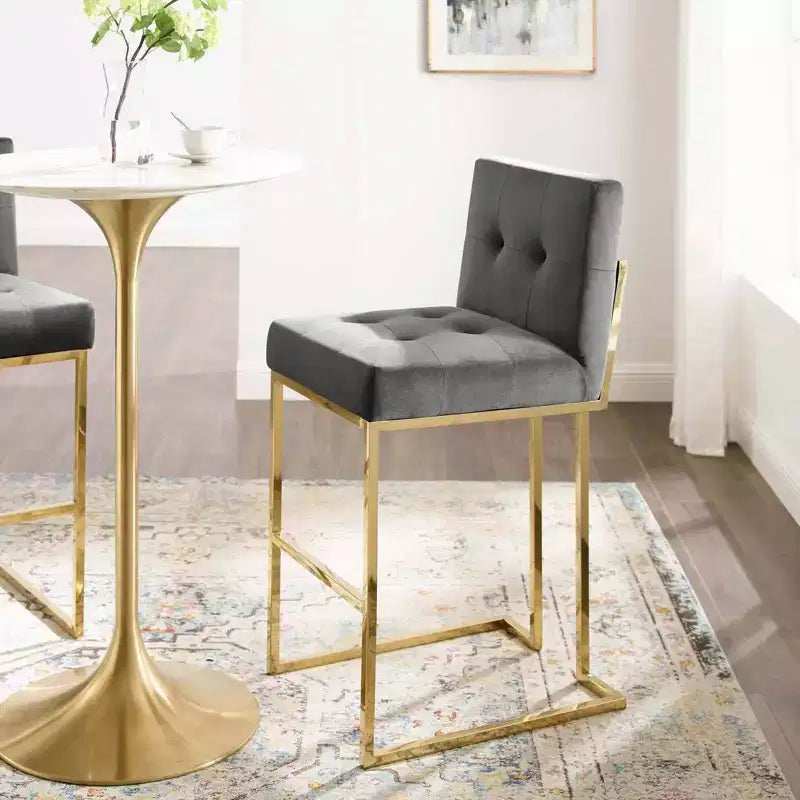 Tabouret de bar en velours de performance et acier inoxydable, doré/anthracite – Modway : Siège carré rembourré, design moderne, hauteur fixe