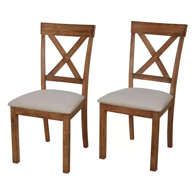 Chaises de salle à manger Verdon Farmhouse en bois massif avec dossier croisé, coloris bois flotté : Hevea massif, assise en lin beige, capacité de 113 kg