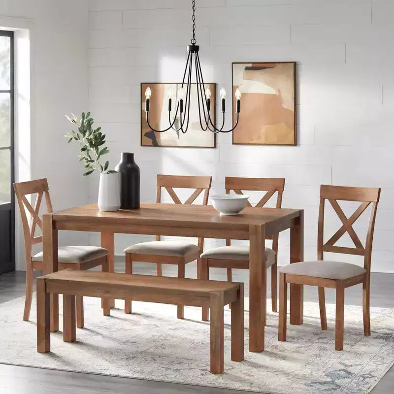 Chaises de salle à manger Verdon Farmhouse en bois massif avec dossier croisé, coloris bois flotté : Hevea massif, assise en lin beige, capacité de 113 kg