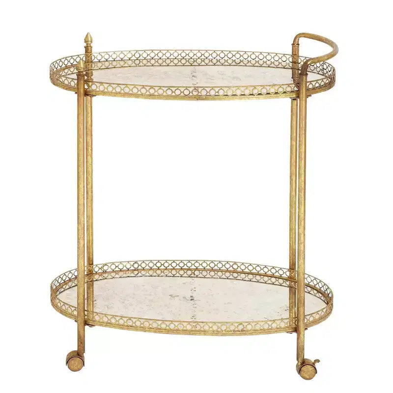 Oval Mirror Rolling Bar Cart Gold - Olivia & May: Traditional Style Serving Stand, Fixed Shelves, Iron Frame