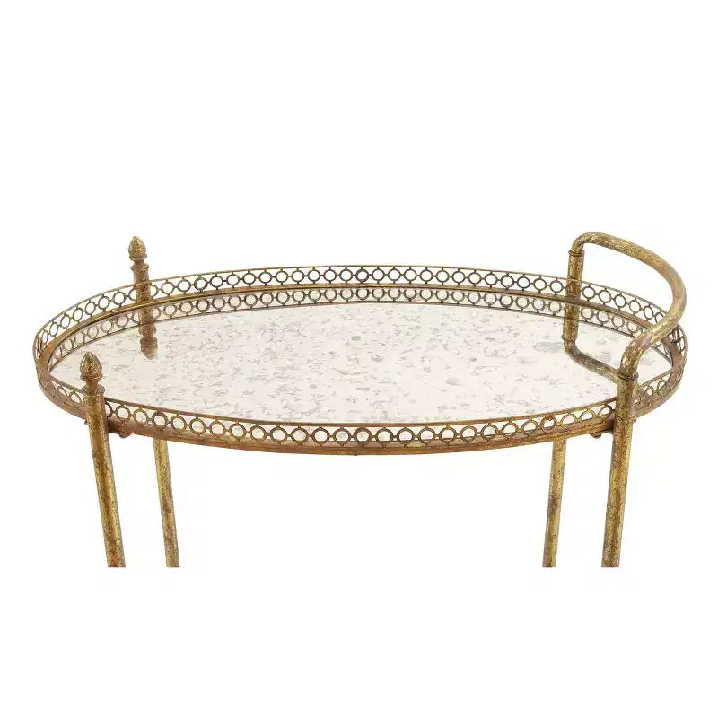 Chariot de bar roulant ovale avec miroir, doré, style traditionnel, étagères fixes, cadre en fer