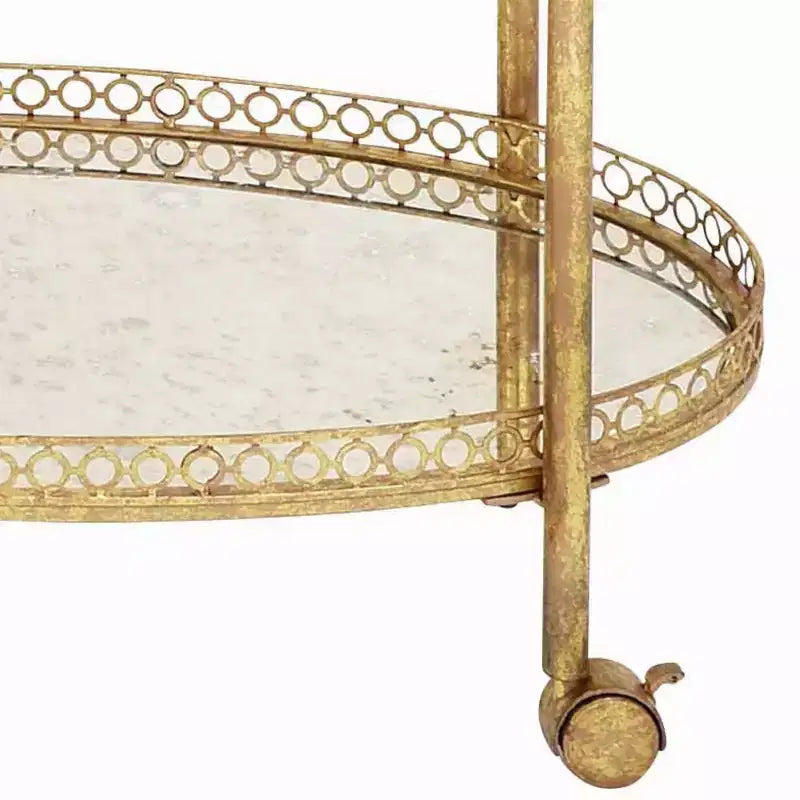 Chariot de bar roulant ovale avec miroir, doré, style traditionnel, étagères fixes, cadre en fer