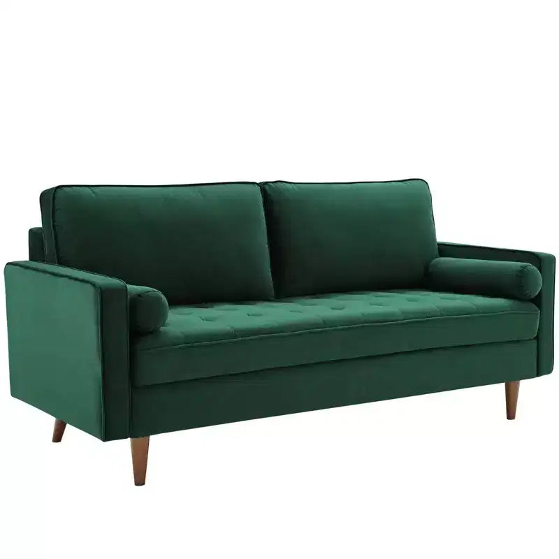 Canapé en velours vert, design touffeté de style Mid-Century, pieds en noyer teinté, capacité de 400 kg