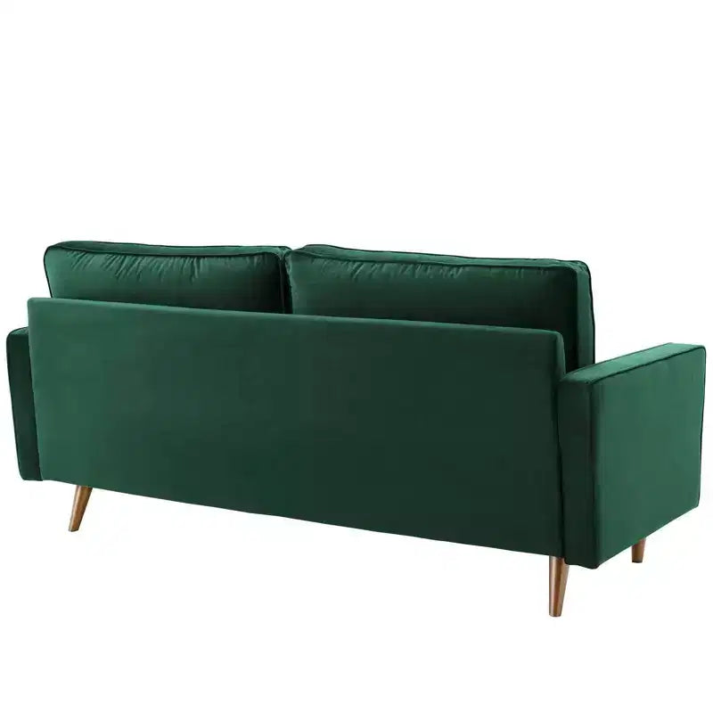 Canapé en velours vert, design touffeté de style Mid-Century, pieds en noyer teinté, capacité de 400 kg