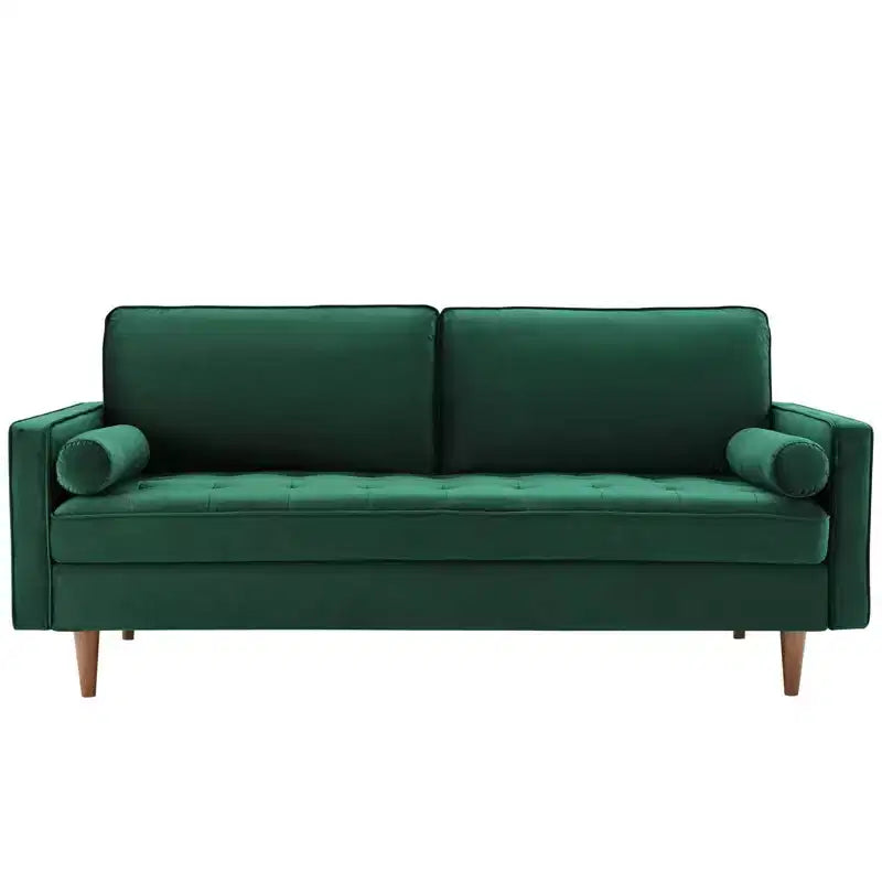 Canapé en velours vert, design touffeté de style Mid-Century, pieds en noyer teinté, capacité de 400 kg
