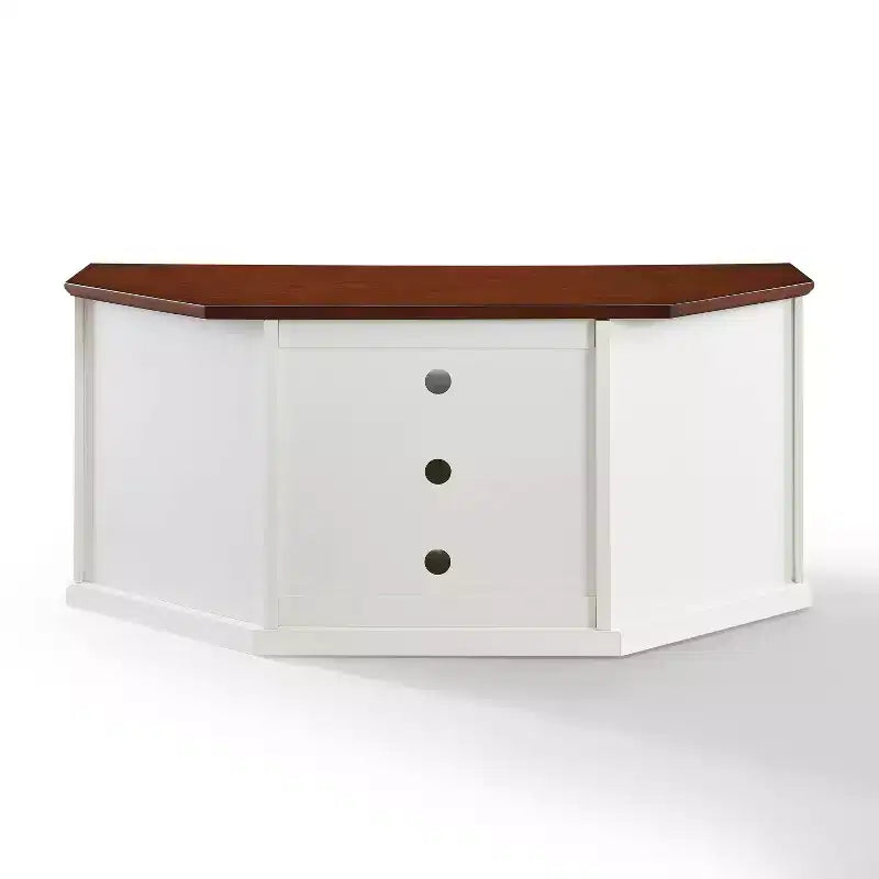 Meuble TV d'angle pour téléviseurs jusqu'à 65 po Portes en verre biseauté blanc, rangement multimédia, gestion des câbles