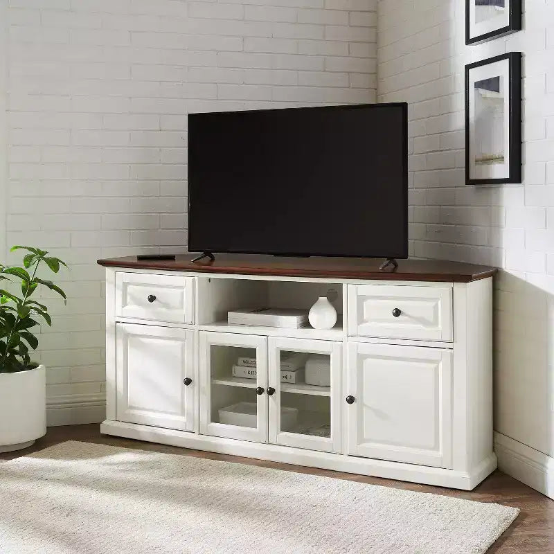 Meuble TV d'angle pour téléviseurs jusqu'à 65 po Portes en verre biseauté blanc, rangement multimédia, gestion des câbles