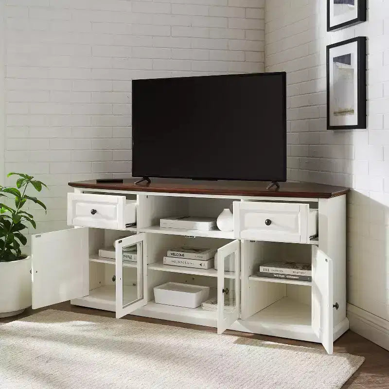 Meuble TV d'angle pour téléviseurs jusqu'à 65 po Portes en verre biseauté blanc, rangement multimédia, gestion des câbles