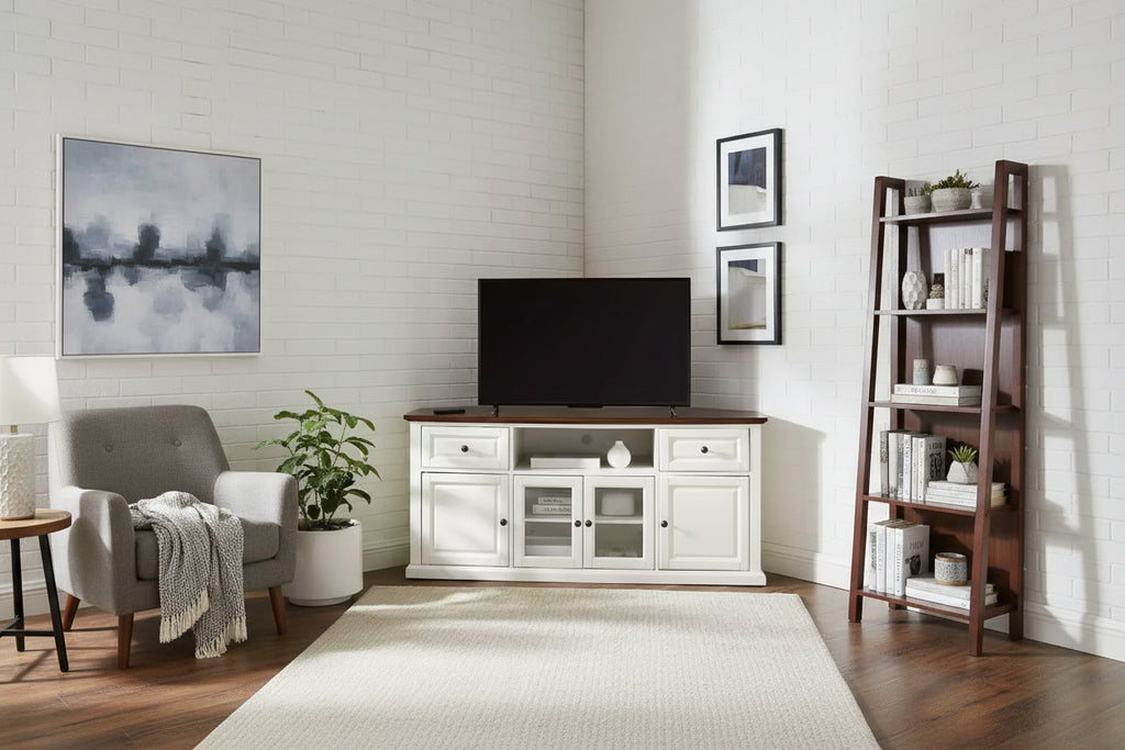Meuble TV d'angle pour téléviseurs jusqu'à 65 po Portes en verre biseauté blanc, rangement multimédia, gestion des câbles