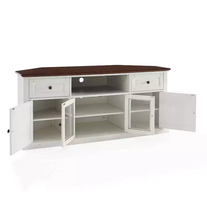 Meuble TV d'angle pour téléviseurs jusqu'à 65 po Portes en verre biseauté blanc, rangement multimédia, gestion des câbles