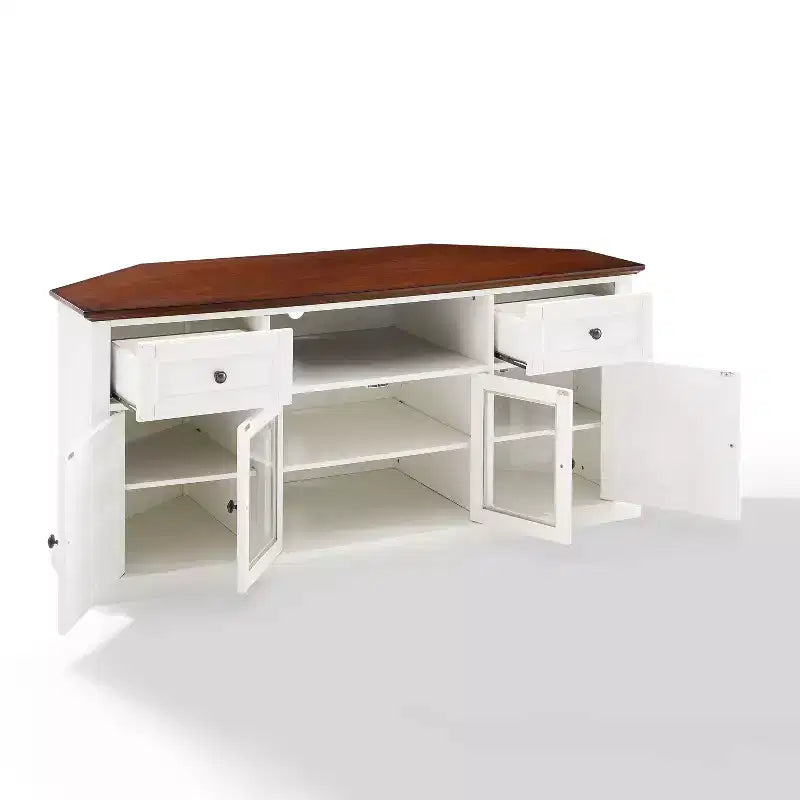 Meuble TV d'angle pour téléviseurs jusqu'à 65 po Portes en verre biseauté blanc, rangement multimédia, gestion des câbles