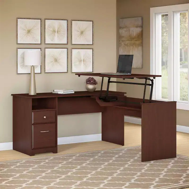 Bureau assis-debout en forme de L, 3 positions, 60 W, couleur cerise de récolte, ergonomique, hauteur réglable