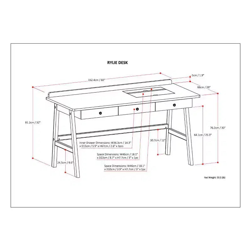 Bureau de 152 cm, marron vieilli naturel, 3 tiroirs, port USB et prises électriques