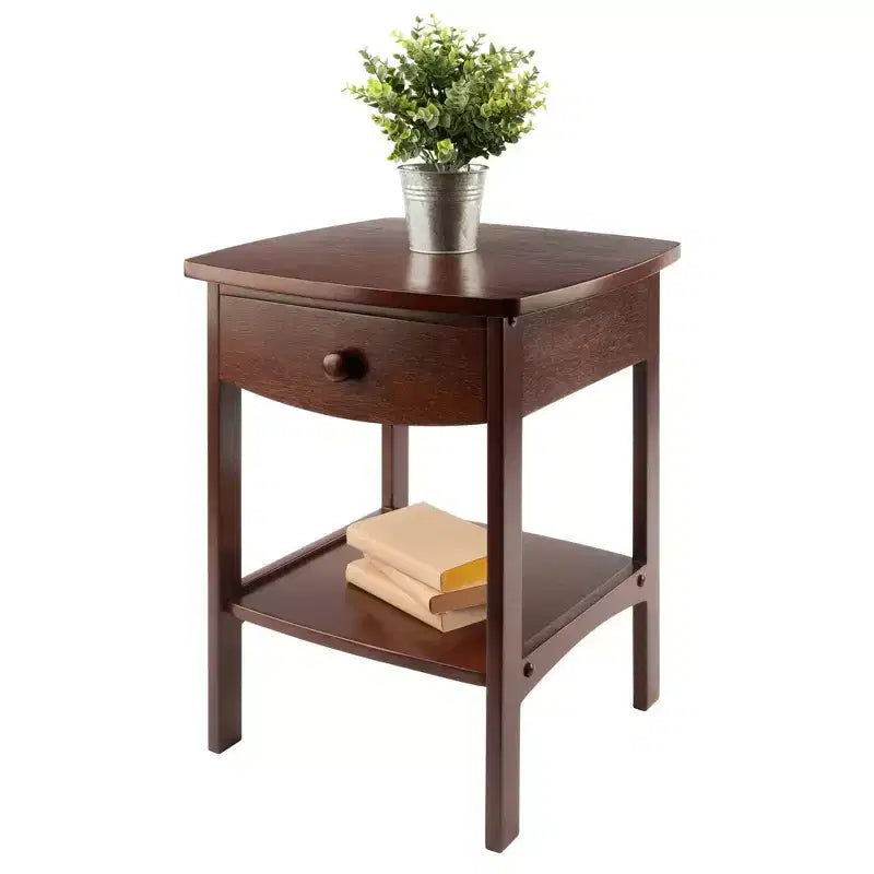 Table d'appoint rectangulaire en noyer avec tiroir et étagère, cadre en bois massif, 18"x18"x22"