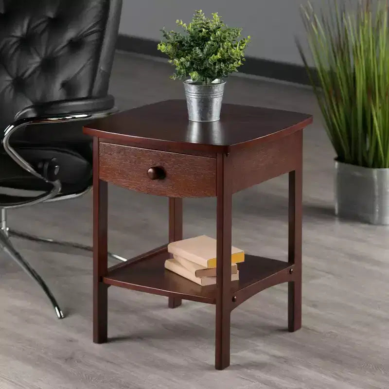 Table d'appoint rectangulaire en noyer avec tiroir et étagère, cadre en bois massif, 18"x18"x22"