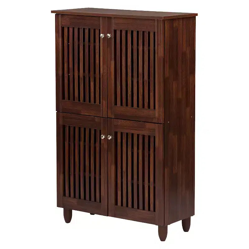 Baxton Studio Fernanda Modern and Contemporary 4-Door Wooden Entryway Shoes Storage Tall Cabinet - Oak Brown: Fixed Shelves, Mahogany Frame