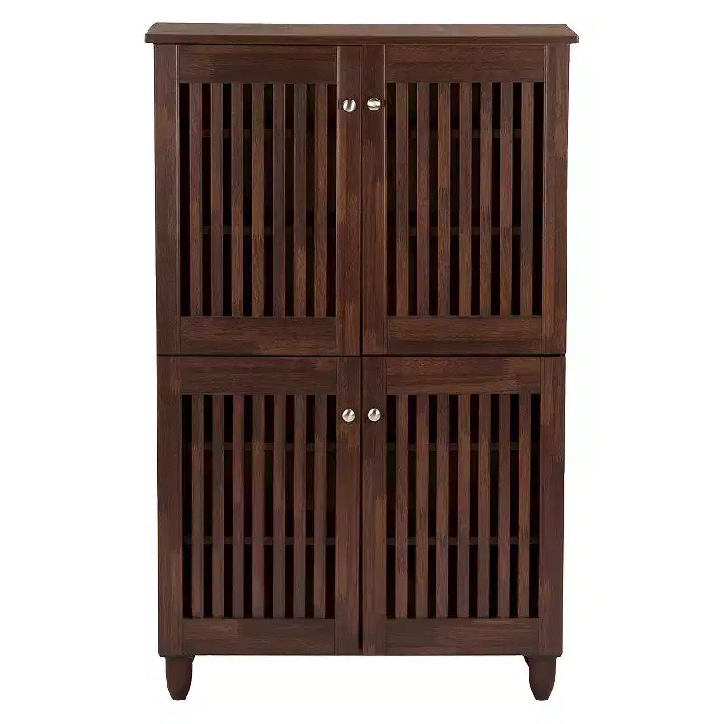 Meuble à chaussures haut d'entrée 4 portes en bois, chêne brun, peut contenir 18 paires