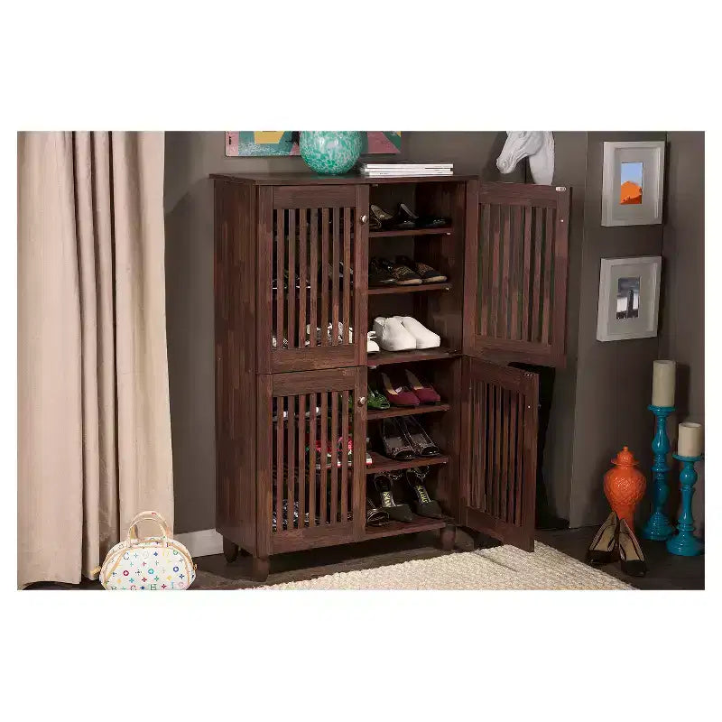 Meuble à chaussures haut d'entrée 4 portes en bois, chêne brun, peut contenir 18 paires