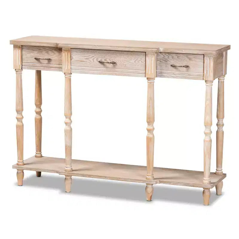 Hallan Wood 3 Drawer Console Table Oak Brown - Baxton Studio: Whitewashed, Antique Gold Tone Pulls, Lower Shelf