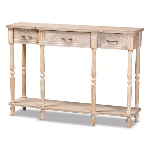 Hallan Wood 3 Drawer Console Table Oak Brown - Baxton Studio: Whitewashed, Antique Gold Tone Pulls, Lower Shelf