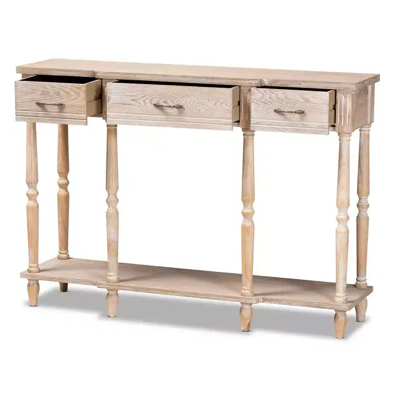 Table console à 3 tiroirs Chêne Studio : Finition blanchie, Poignées dorées antiques, Étagère inférieure