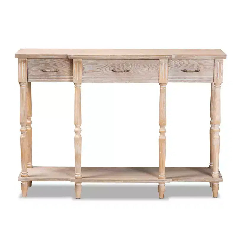 Table console à 3 tiroirs Chêne Studio : Finition blanchie, Poignées dorées antiques, Étagère inférieure