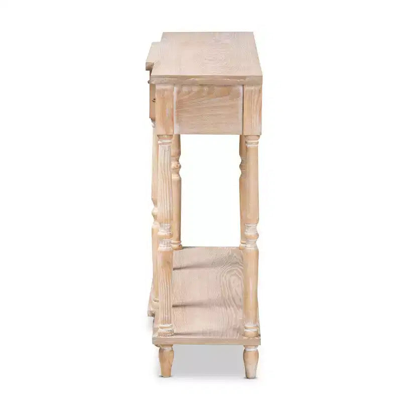 Table console à 3 tiroirs Chêne Studio : Finition blanchie, Poignées dorées antiques, Étagère inférieure