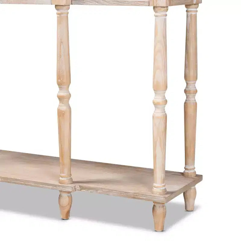Table console à 3 tiroirs Chêne Studio : Finition blanchie, Poignées dorées antiques, Étagère inférieure