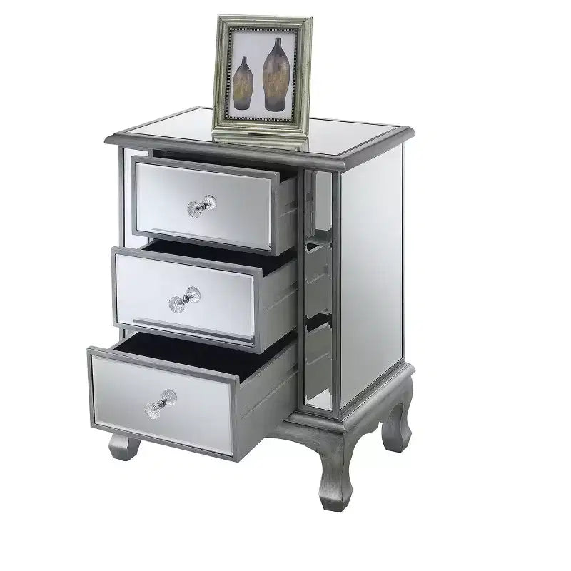 Table d'appoint à 3 tiroirs miroir avec cadre argenté, 24,75 po H