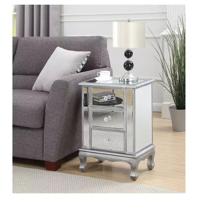 Table d'appoint à 3 tiroirs miroir avec cadre argenté, 24,75 po H