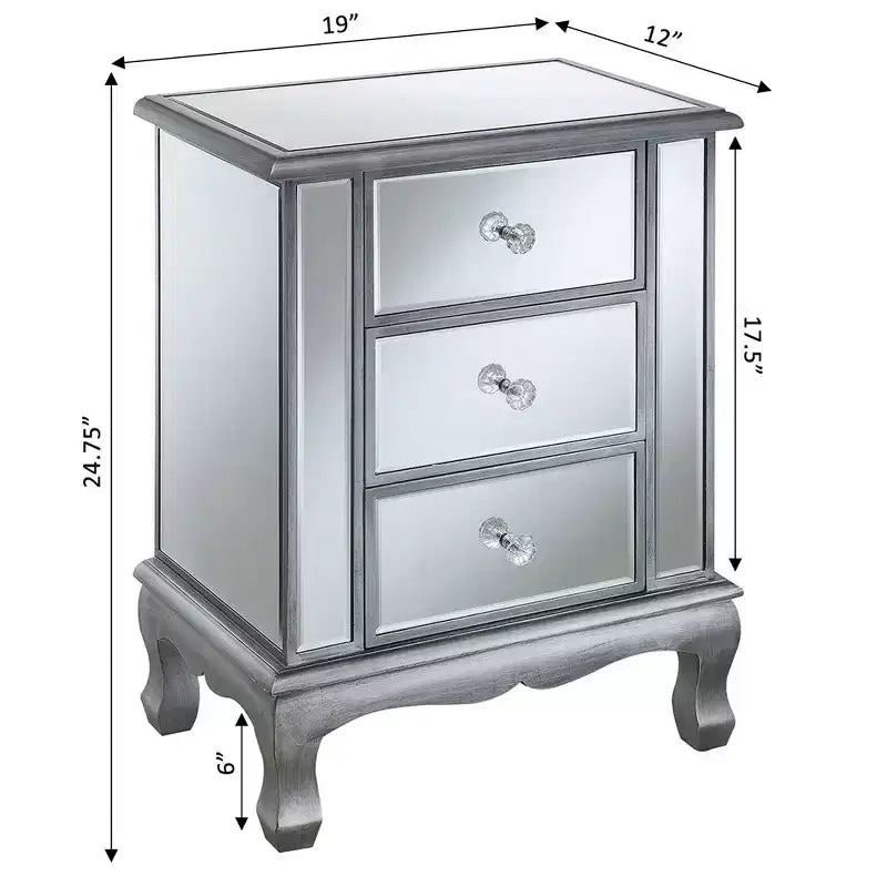Table d'appoint à 3 tiroirs miroir avec cadre argenté, 24,75 po H