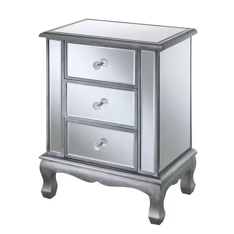 Table d'appoint à 3 tiroirs miroir avec cadre argenté, 24,75 po H