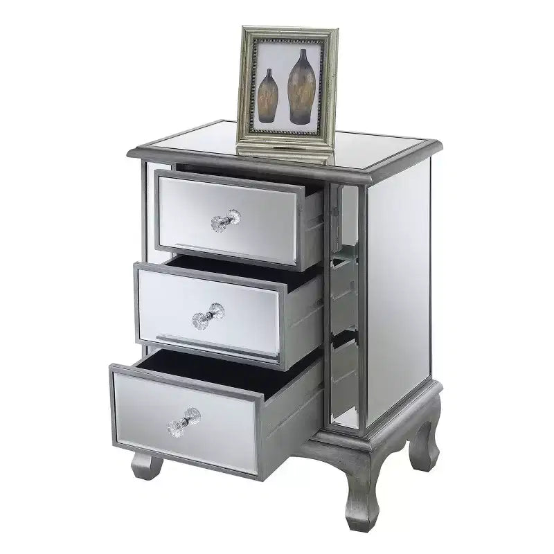 Table d'appoint à 3 tiroirs miroir avec cadre argenté, 24,75 po H