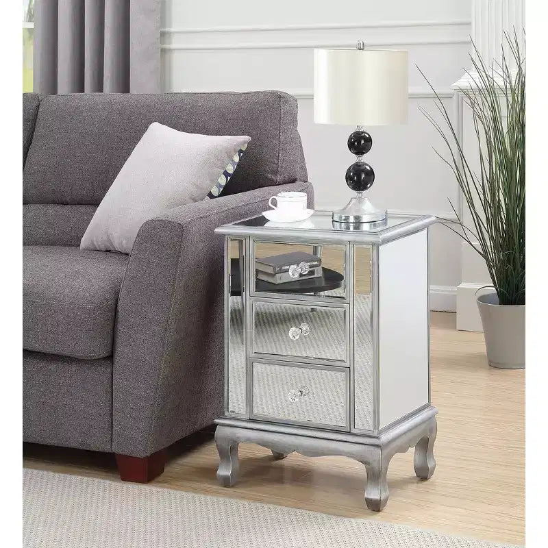 Table d'appoint à 3 tiroirs miroir avec cadre argenté, 24,75 po H