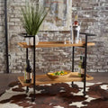 Chariot de bar industriel en bois avec 2 étagères et roulettes, cadre en fer noir