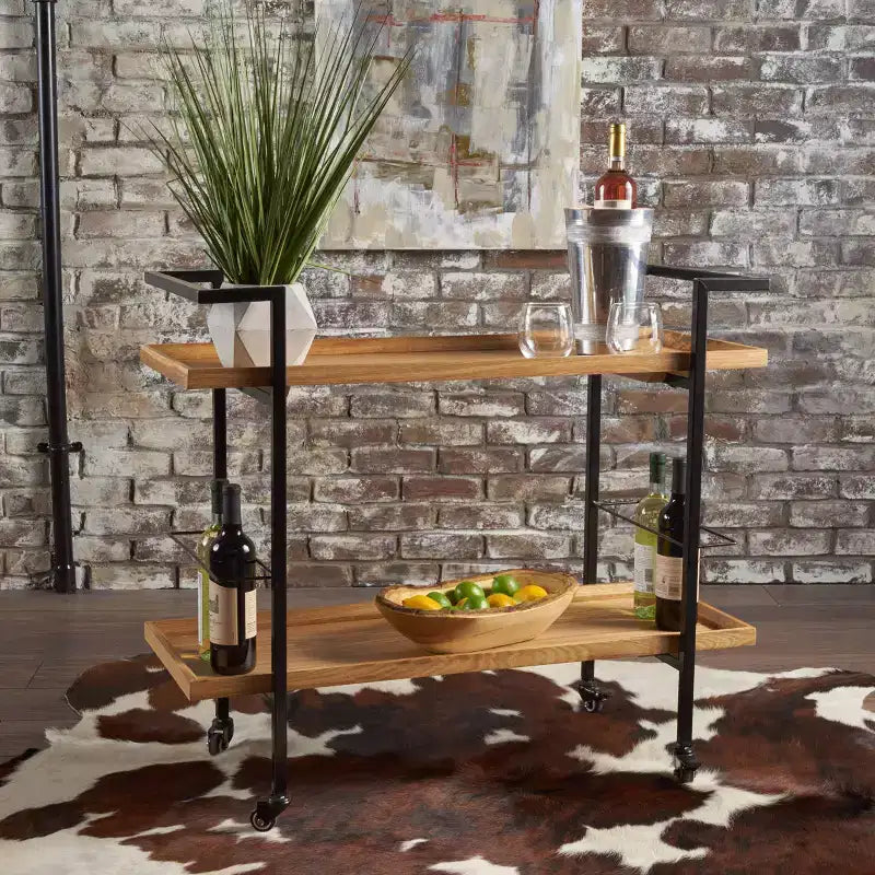 Chariot de bar industriel en bois avec 2 étagères et roulettes, cadre en fer noir