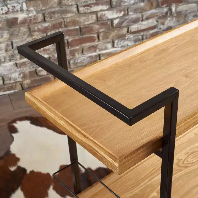Chariot de bar industriel en bois avec 2 étagères et roulettes, cadre en fer noir