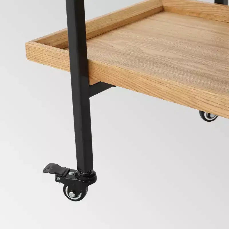 Chariot de bar industriel en bois avec 2 étagères et roulettes, cadre en fer noir