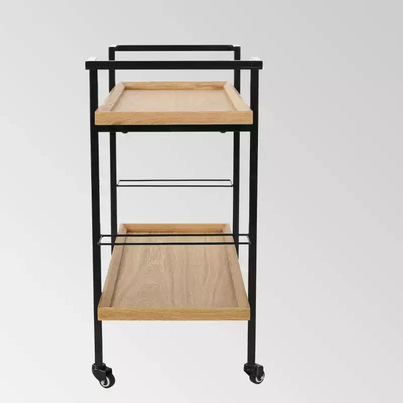 Chariot de bar industriel en bois avec 2 étagères et roulettes, cadre en fer noir