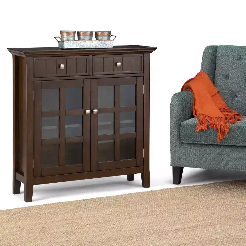 Meuble de rangement d'entrée en bois massif avec 2 portes, 2 tiroirs et étagères réglables