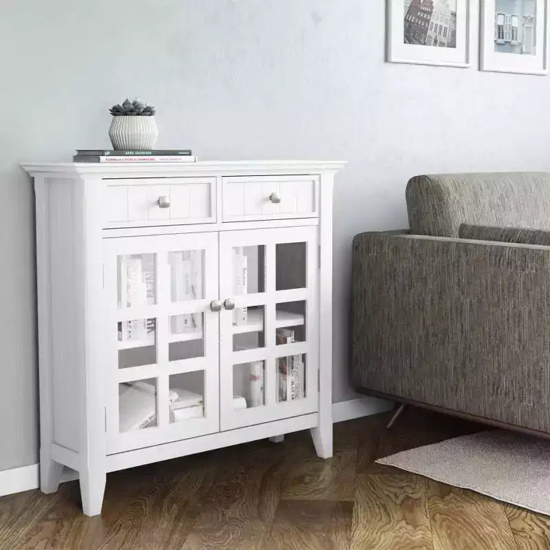 Meuble de rangement d'entrée en bois massif avec 2 portes, 2 tiroirs et étagères réglables