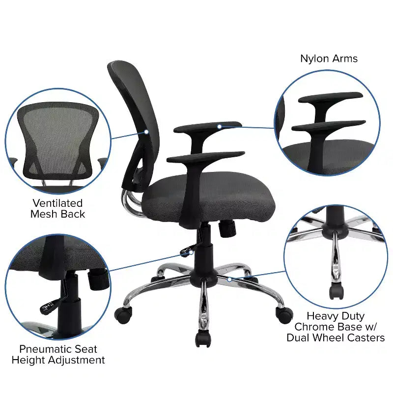 Chaise de bureau pivotante à dossier mi-haut en maille avec base chromée et accoudoirs